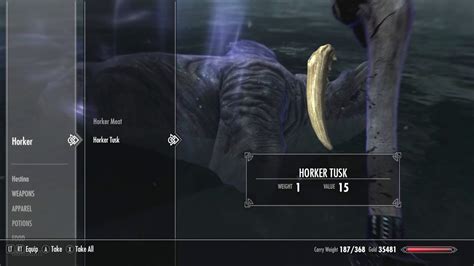 <strong>Horkers</strong> are sea animals, similar in appearance to a walrus, that typically live in packs of three or four. . Horker tusk skyrim id